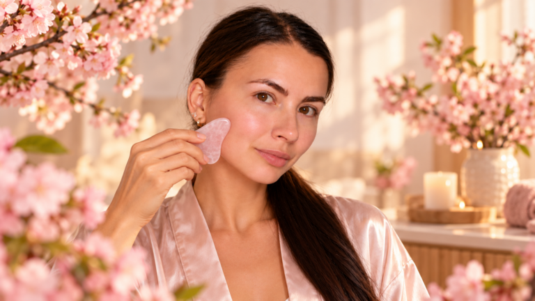 Trénerka OLESIKA FIT pri jemnej masáži tváre pomôckou gua sha